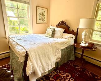 Antique Full size bed, marble lamps, awesome bedding, antique rugs, botanicals