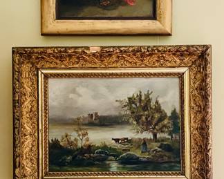 Trophy art oil on canvas, andtique English oils, sconces galaore...