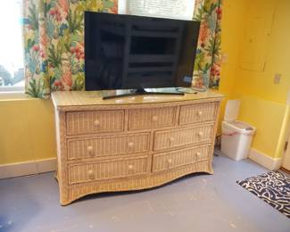 Wicker dresser; flat screen TV