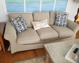Braxton Culler couch - two available; rustic coffee table