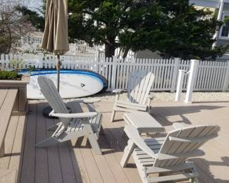 Resin Adirondack chairs - end table; market umbrella