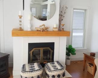 Moroccan poufs; mirror; candlesticks