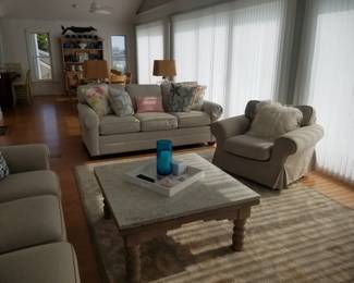 Braxton Culler living room furnishings - two couches & one oversize chair; rustic coffee table 