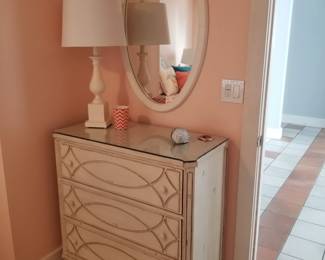 3-drawer dresser by Bassett; table lamp; mirror
