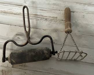 Vintage Wire Potato Masher & Cast Iron Roller Tool – Farmhouse Kitchen Utensils