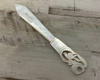 Vintage Mother of Pearl Letter Opener Jerusalem Souvenir w/ Carved Bird Design