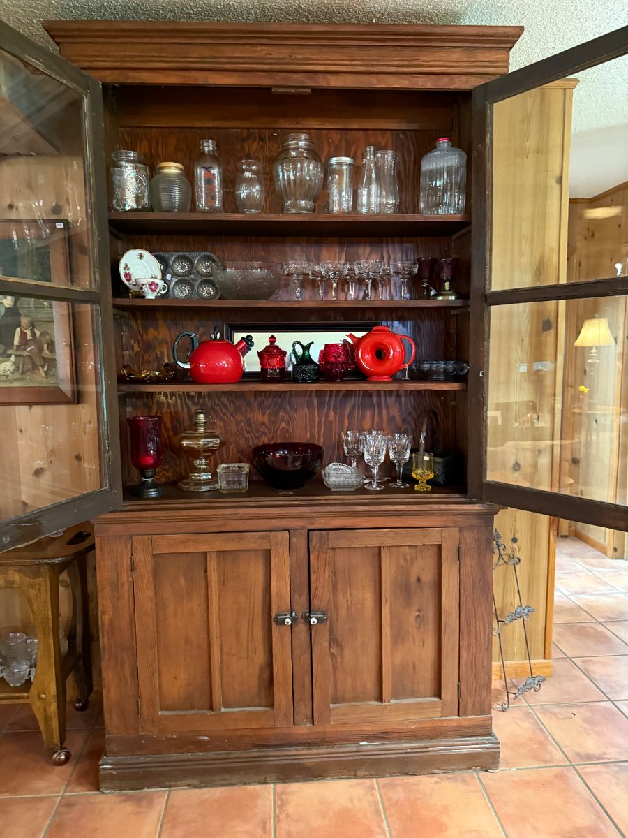 Tall primitive hutch with glass doors and storage