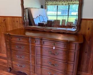 French Provencial Walnut dresser with mirror matches the king bed and night stands