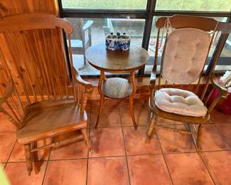 Two hard rock maple rockers and a oak table with blue ornate bowl from Russia