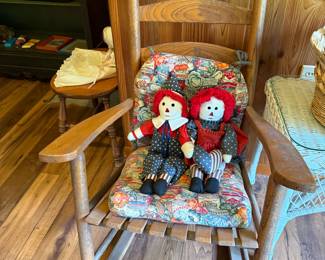 Wooden Rocker with Raggedy Ann and Andy
