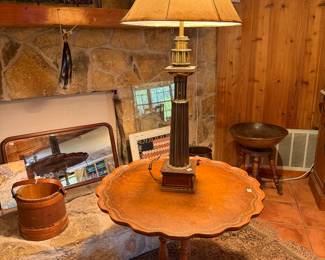 Leather top table with brass lamp
