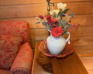 Drop leaf table with brass and cone glass shade that matches the two table lamps, and pitcher in metal bowl from Japan