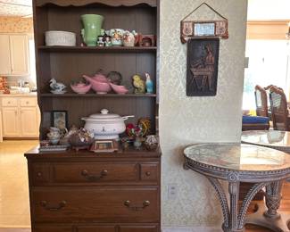 Maple chest with bookcase top, Florentine leather waste baskets 