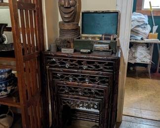 Rosewood stacking tables, tiki type lamp base