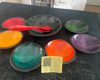 " Taking Turns" Handcrafted Salad bowl set, amazing glaze, New, mint condition 6 small bowls, one Large and serving utensils