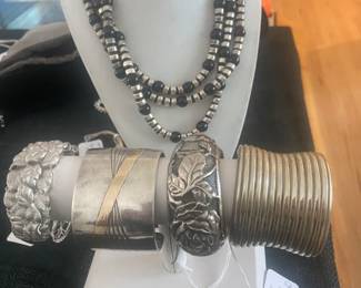 Sterling Silver Bangels and long Sterling Necklace with onyx beads