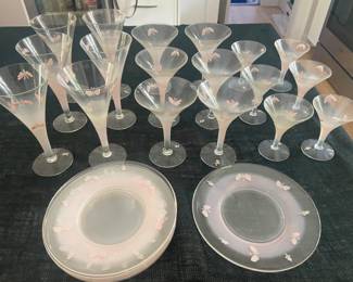 18 Vintage Hand painted butterfly glasses with 6 plates,