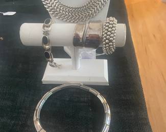 Mexico Sterling Silver Vintage triple Curb Collar Necklace, Vintage Fringe Onyx Necklace in Sterling, Sterling cuff and Sterling and Black Onyx Bracelet