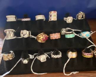 Many decorative cocktail rings, some made in Italy, some China, some sterling small size