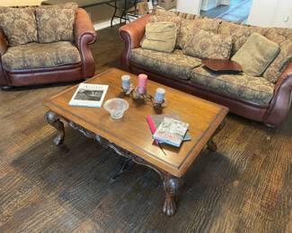 Mayo Leather sofa, loveseat, and chair, and Thomasville tables.