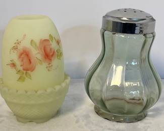 Fenton Shaker and Burmese Satin Uranium 2Piece Rose Fairy Lamp