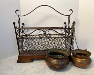Metal Magazine Rack And 2 Copper Pots