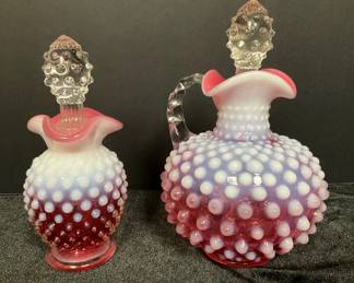  007 Fenton Cranberry Opalescent Hobnail Cruets 