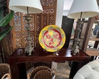 Console Table ~ Pr. Wood Candlestick Lamps/Decorative Shades