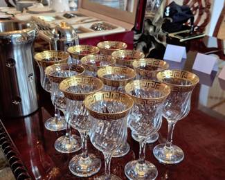 Greek key design, 12 glasses, 22kt flashing. Never used 