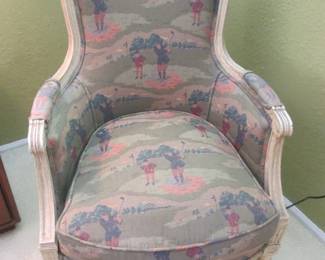 Vintage Louie XVI, Golf-Themed Upholstered Chair, Distressed Wood Finish