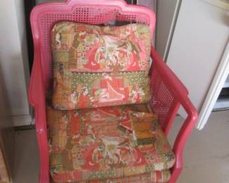 Asian-Style Red-Painted Chair, Cane & Upholstered Cushions, Needs Some TLC