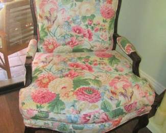 Louie XVI Bergere Arm Chair, Cotton Chintz Upholstery and High-Gloss Mahogany Frame, 32" X 32" X 41" High
