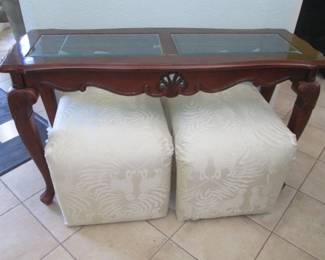 Console Table with Inlayed Glass Top, 50" X 18" X 29".              2-Parson's Design Upholstered Ottomans