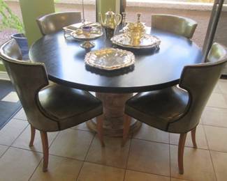 54" Dining Room Table, Wood Pedestal Base & Black Metal Table-Top