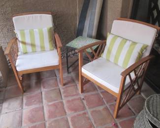 Pair of Wood-Framed Patio Chairs with Cushions.                                  2-Metal-Framed Accent Tables with Mosaic Tops.