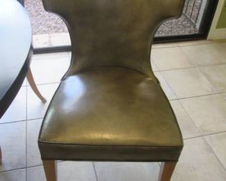 4-Vintage Side Chairs, "Klismos" Design.  Fully Upholstered in Green Vinyl & Tack Detailing, Blond Legs