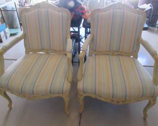 Pair of French Arm Chairs, Painted & Detailed Frames, Striped Upholstery