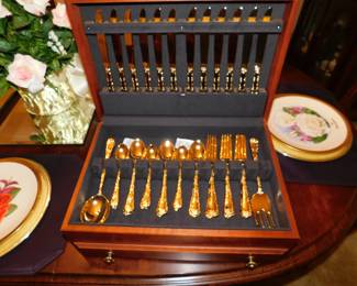 GOLD PLATED FLATWARE SERVICE FOR 12 WITH SILVER CHEST