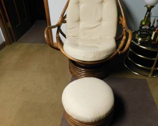 VINTAGE BOHO RATTAN SWIVEL CHAIR AND OTTOMAN