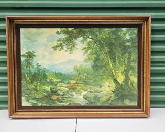 Unreadable Signature Large Oil Painting On Canvas River Creek Woods Picture 41.5 X 29.5