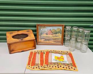 Farmhouse Basement Finds Bob Bates Picture Mason Jars Dry Box Goods Holder Chicken Placemats