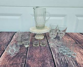 Vintage Barware Anchor Hocking Pressed Glass Diamond Point Pitcher Cristal dArque Wine Glasses