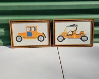 Vintage Old Time Cars Cross Stitched Pictures