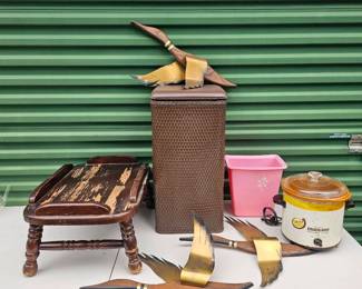 Vintage Finds 1960s Brass Wood Flying Geese Crock Pot Laundry Hamper Bed Table