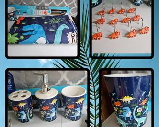 Dinosaur Bathroom Accessories Shower Curtain New Rod Garbage Bucket Tooth Brush Holder Etc