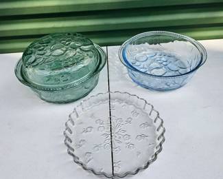 Vintage Orchard Fruit Libby Green Blue Baking Dishes Anchor Hocking Savanna Quiche Dish