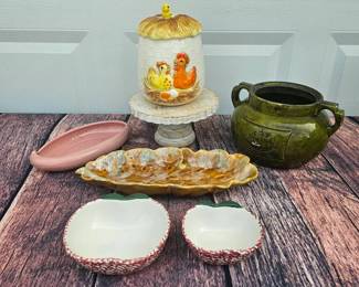 Sears 1976 Chicken Cookie Jar Green Flower Planter Crock Leaf Pottery Pink Haegar USA More