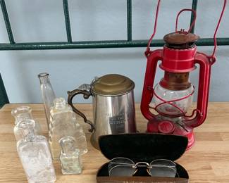 Lot of Vintage Bottles, Lantern, Glasses