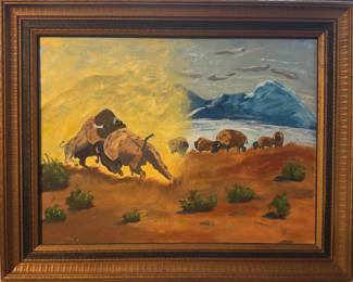 Buffalo Fighting Original Framed