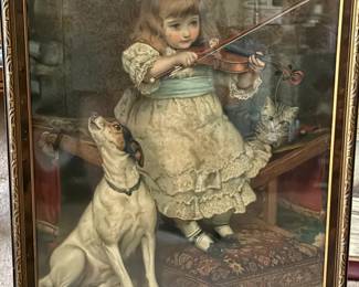 Vintage Dog with Girl Violin Player
